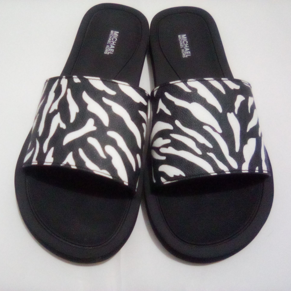 MICHAEL Michael Kors Zebra Print Slide Sandals - Black and White Size 11M